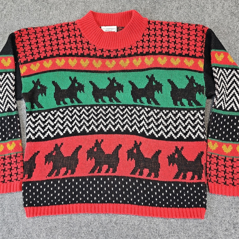 VTG 80s Adele Knitwear Holiday Scotty Dog  Stripe Mock Neck Sweater Large Womens